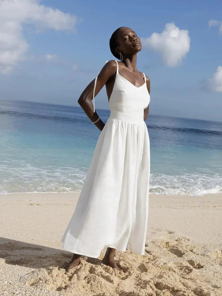 Bornladies Vintage Aline Cotton Beach Dress Vneck Chic