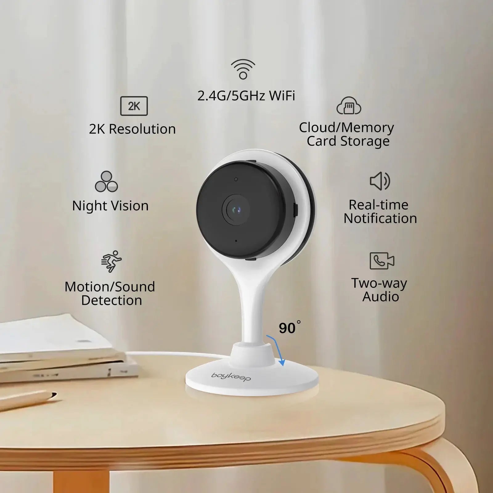 BoyKeep 3MP WiFi Indoor Security Camera With Motion Alerts and Two Way Audio