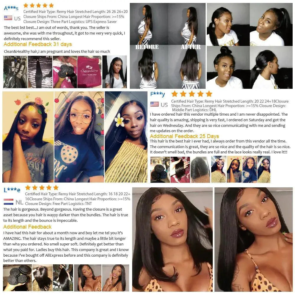 Brazilian Bone Straight Hair Bundle Set Closure 30 Inch