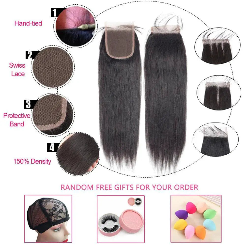 Brazilian Bone Straight Hair Bundle Set Closure 30 Inch