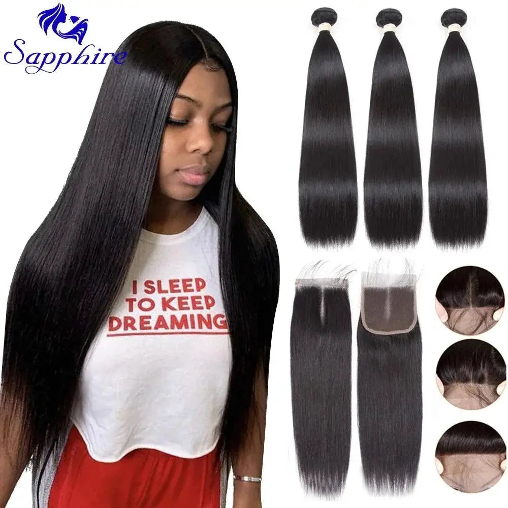 Brazilian Bone Straight Hair Bundle Set Closure 30 Inch