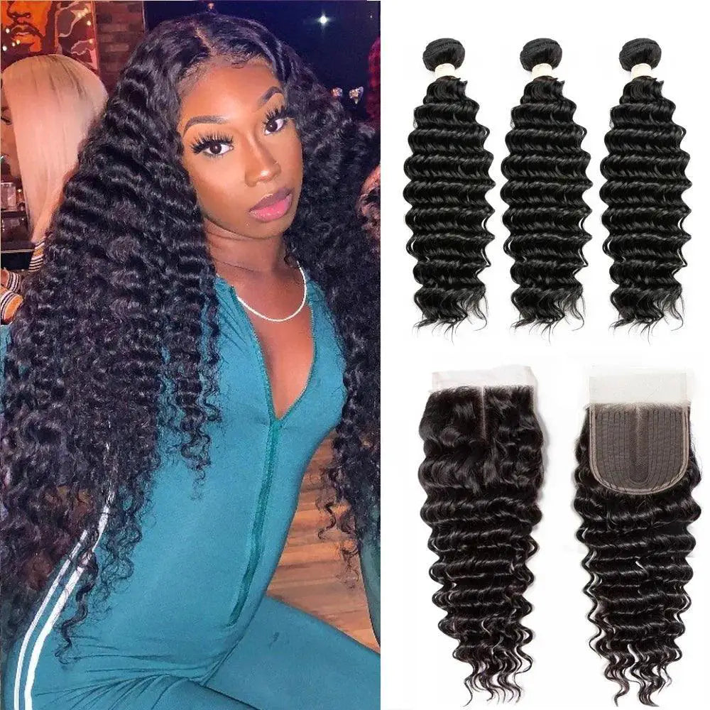 Brazilian Curly Deep Wave Hair Bundles With HD Lace Closure