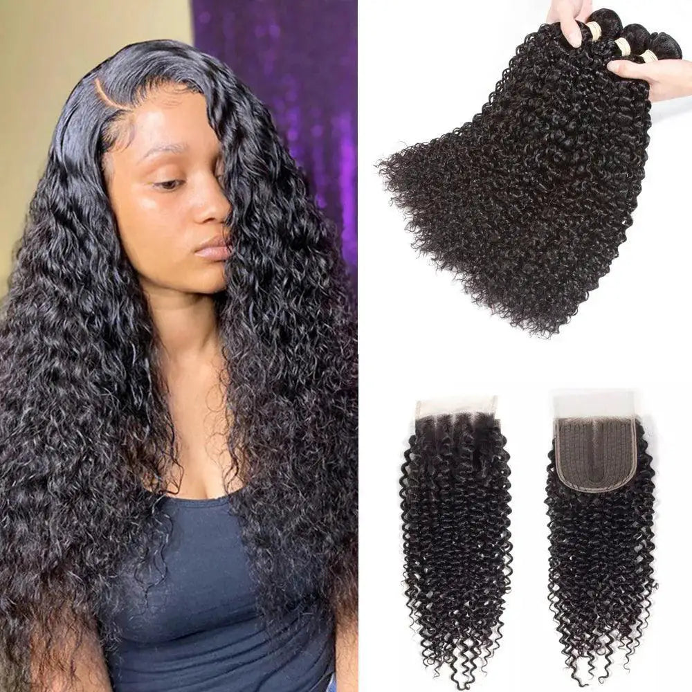 Brazilian Curly Deep Wave Hair Bundles With HD Lace Closure