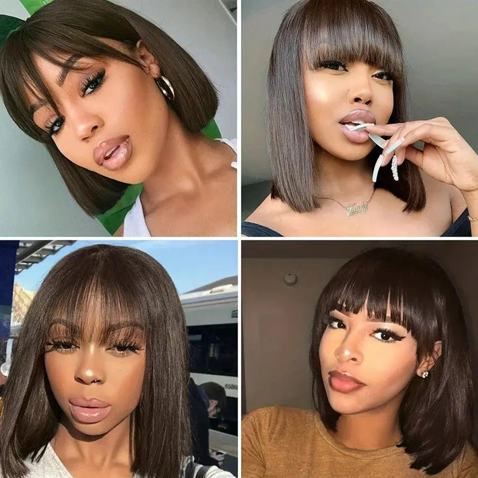 Brazilian Short Bob Wig With Bangs Remy Hair Glueless