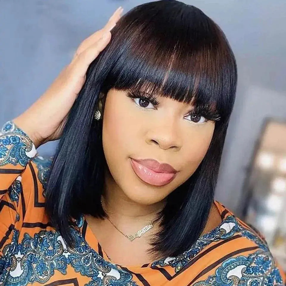 Brazilian Short Bob Wig With Bangs Remy Hair Glueless