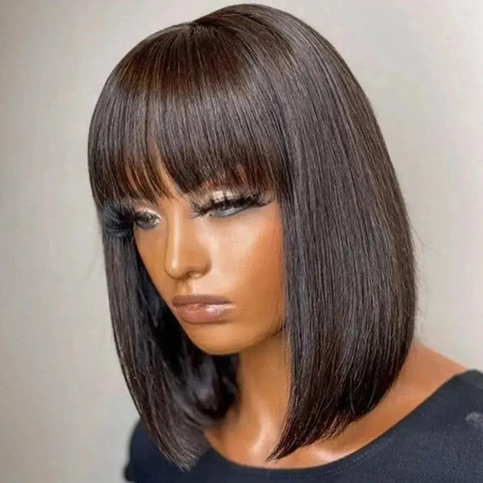 Brazilian Short Bob Wig With Bangs Remy Hair Glueless
