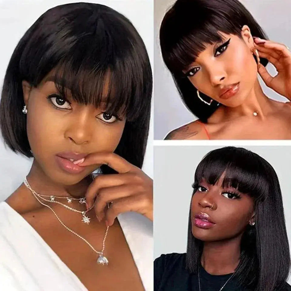 Brazilian Short Bob Wig With Bangs Remy Hair Glueless