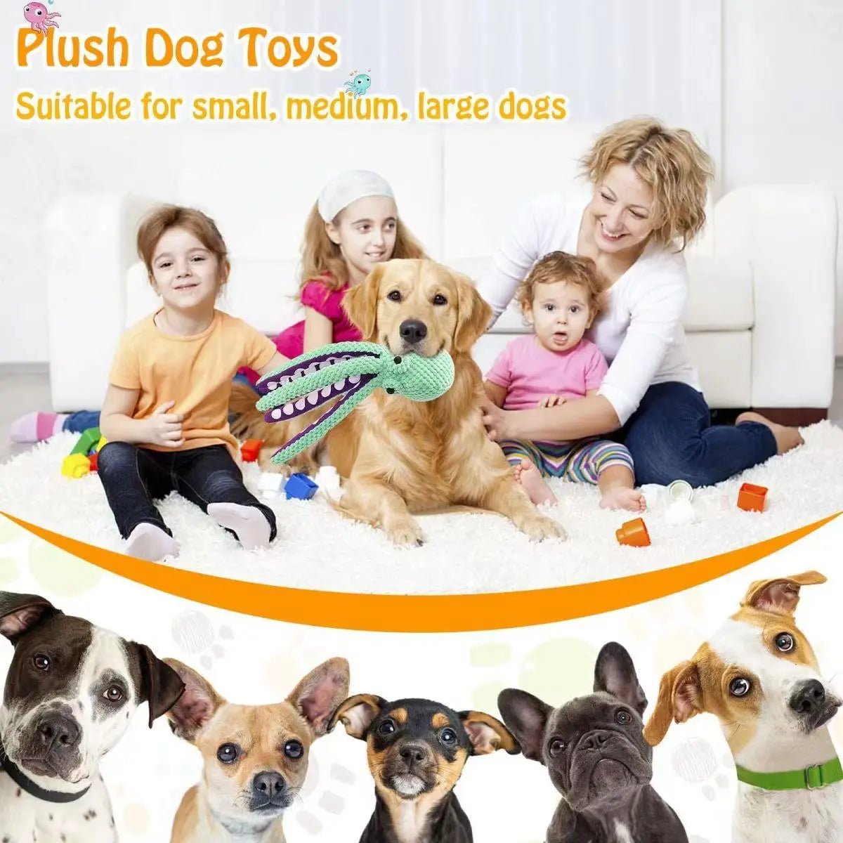 BrightPaws Dog Plush Octopus Toy - Interactive Squeak Anti - Demolition Companions