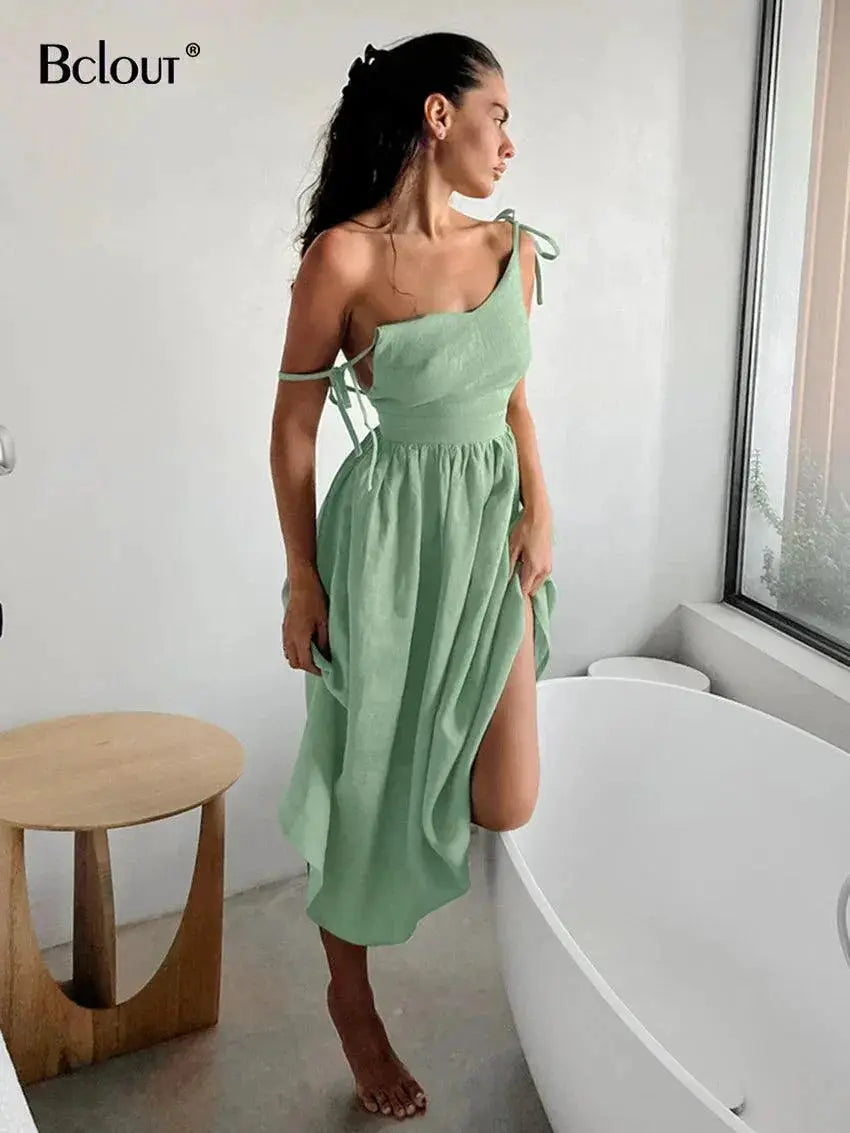Brown Linen A Line Party Dress Chic Elegance For Women