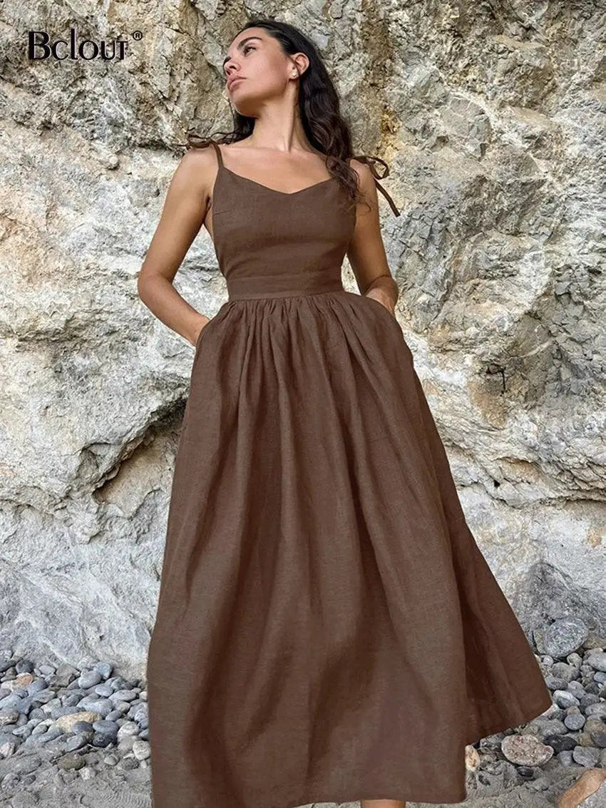 Brown Linen A Line Party Dress Chic Elegance For Women