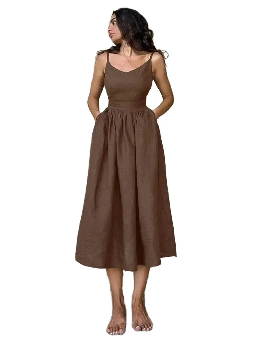 Brown Linen A Line Party Dress Chic Elegance For Women - Brown M product image