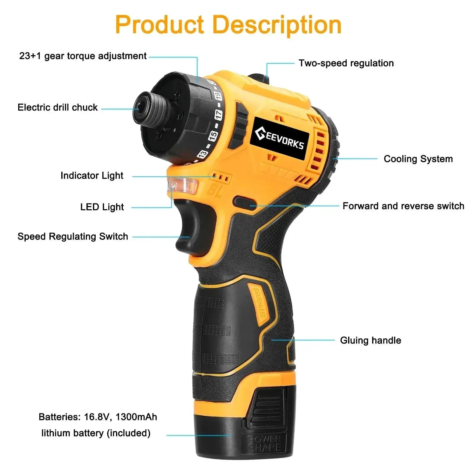 Brushless Li Ion Cordless Electric Screwdriver 55Nm 16.8V