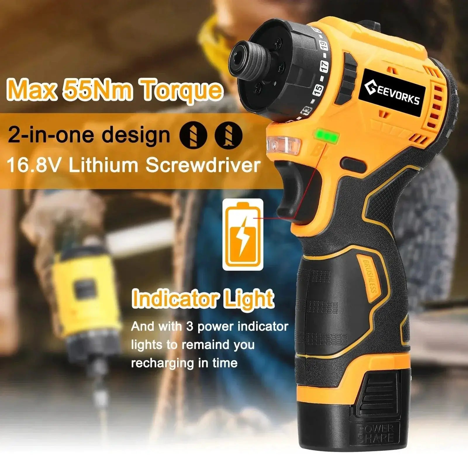 Brushless Li Ion Cordless Electric Screwdriver 55Nm 16.8V