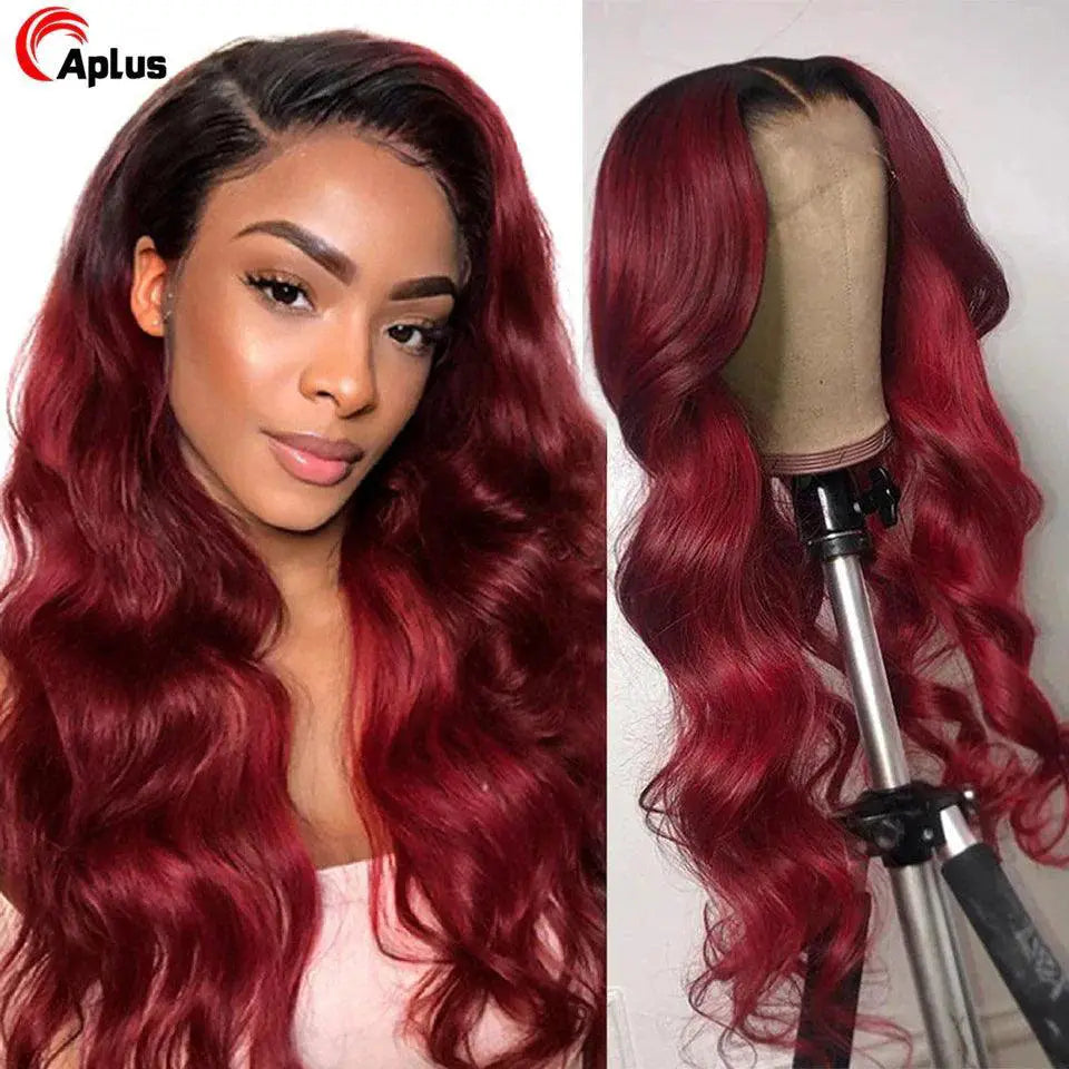 Burgundy Body Wave Lace Front Human Hair Wig For Women Deluxe