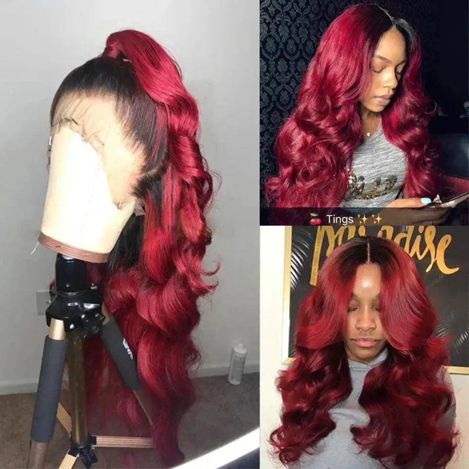 Burgundy Body Wave Lace Front Human Hair Wig For Women Deluxe