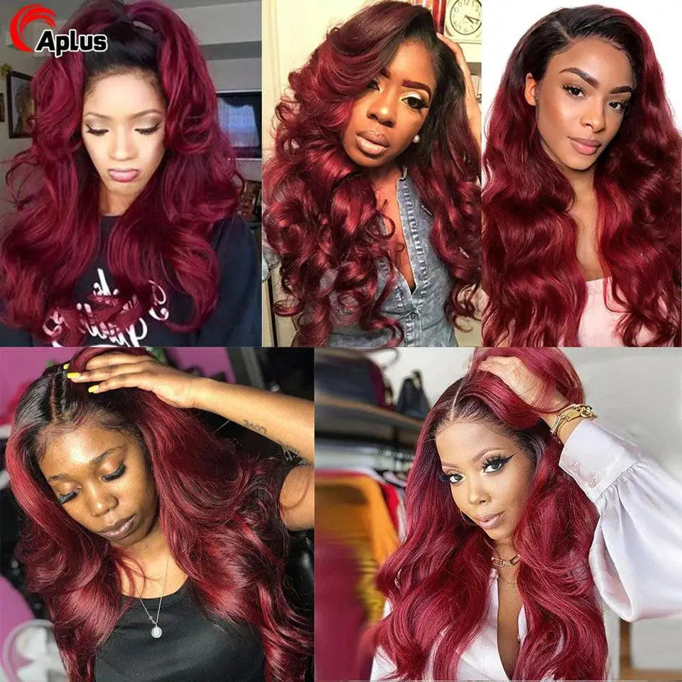 Burgundy Body Wave Lace Front Human Hair Wig For Women Deluxe
