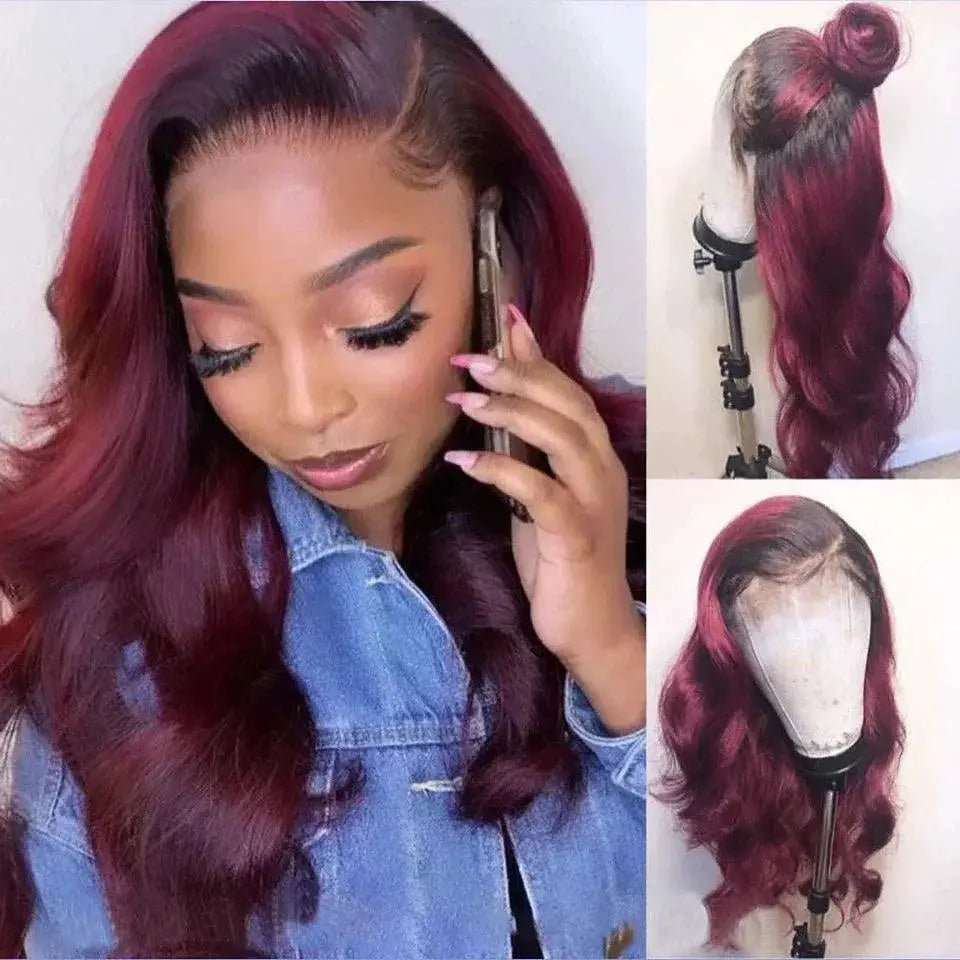 Burgundy Body Wave Lace Front Human Hair Wig For Women Deluxe