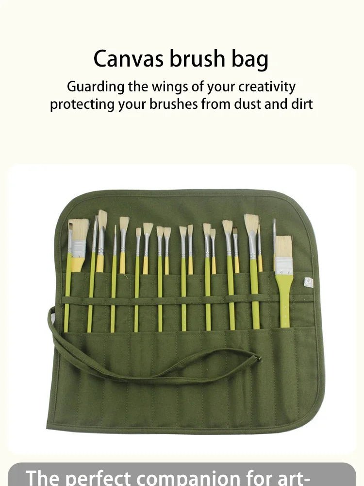 Canvas Watercolor Gouache Brush Roll Bag Army Green With Double Row Pen HolesMax