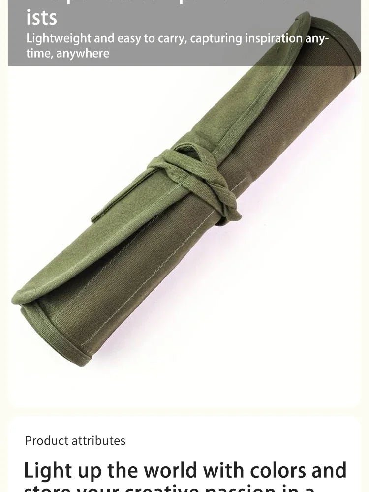 Canvas Watercolor Gouache Brush Roll Bag Army Green With Double Row Pen HolesMax