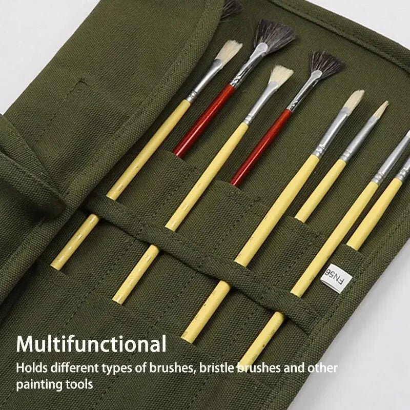 Canvas Watercolor Gouache Brush Roll Bag Army Green With Double Row Pen HolesMax