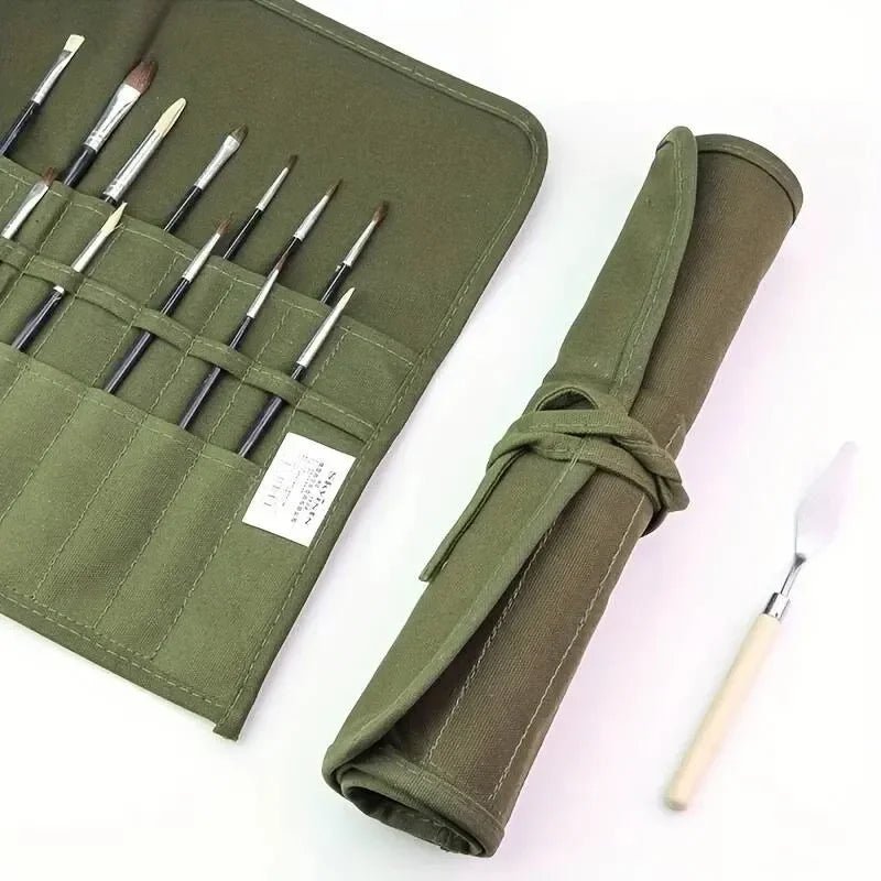 Canvas Watercolor Gouache Brush Roll Bag Army Green With Double Row Pen HolesMax