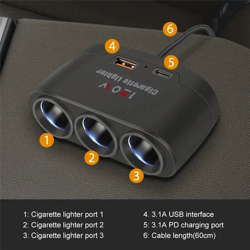 Car Charger 3-In-1 for Dashcam Power