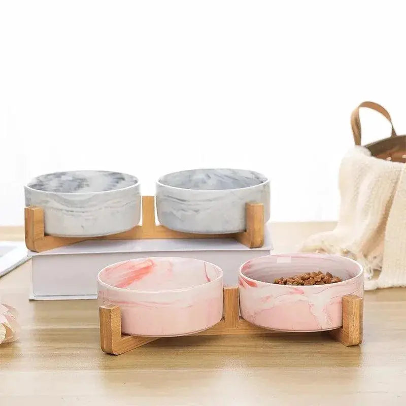 Ceramic Pet Bowl With Wooden Stand Non Spill Double Feeder