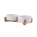 Ceramic Pet Bowl with Wooden Stand Non Spill Double Feeder