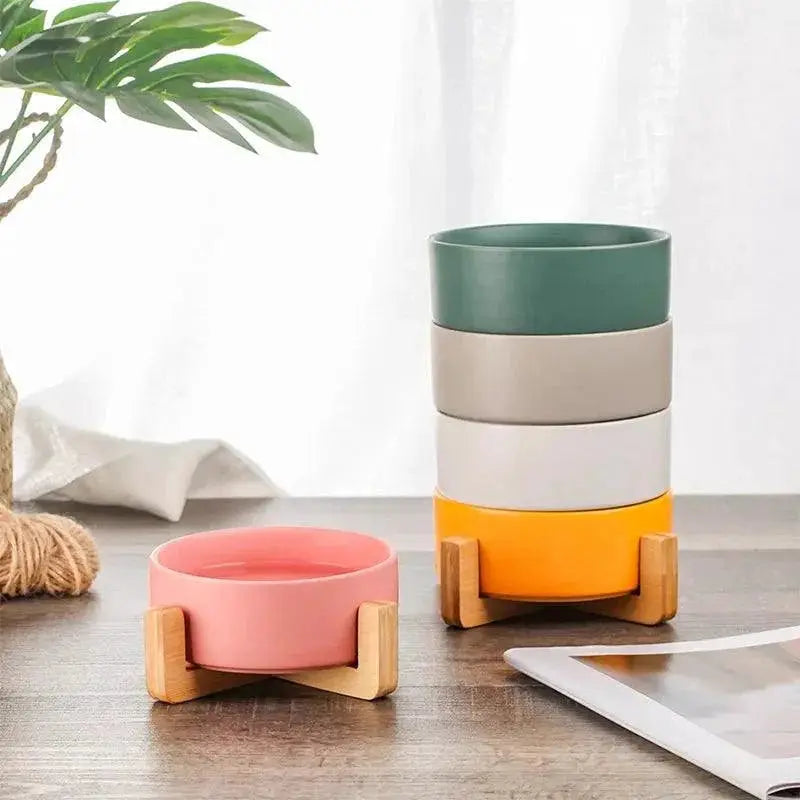Ceramic Pet Bowl With Wooden Stand Non Spill Double Feeder