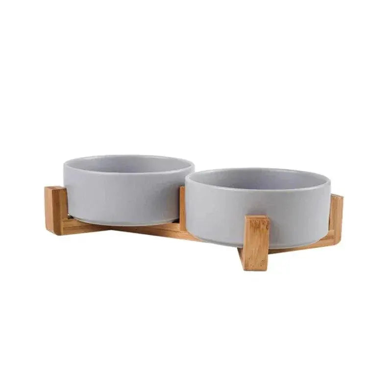Ceramic Pet Bowl With Wooden Stand Non Spill Double Feeder