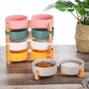 Ceramic Pet Bowl with Wooden Stand Non Spill Double Feeder