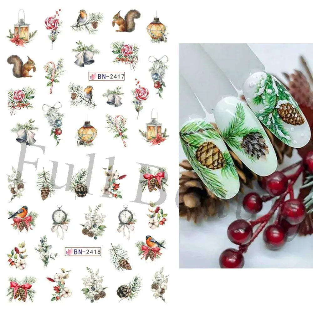 Charming Winter Nail Art Stickers With Greenery Birds Cocoa