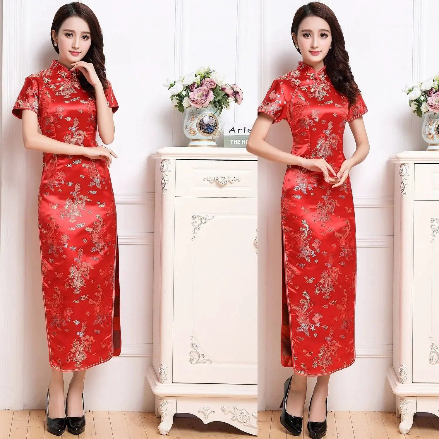 Cheongsam Dress Retro Brocade Elegance Women Outfit