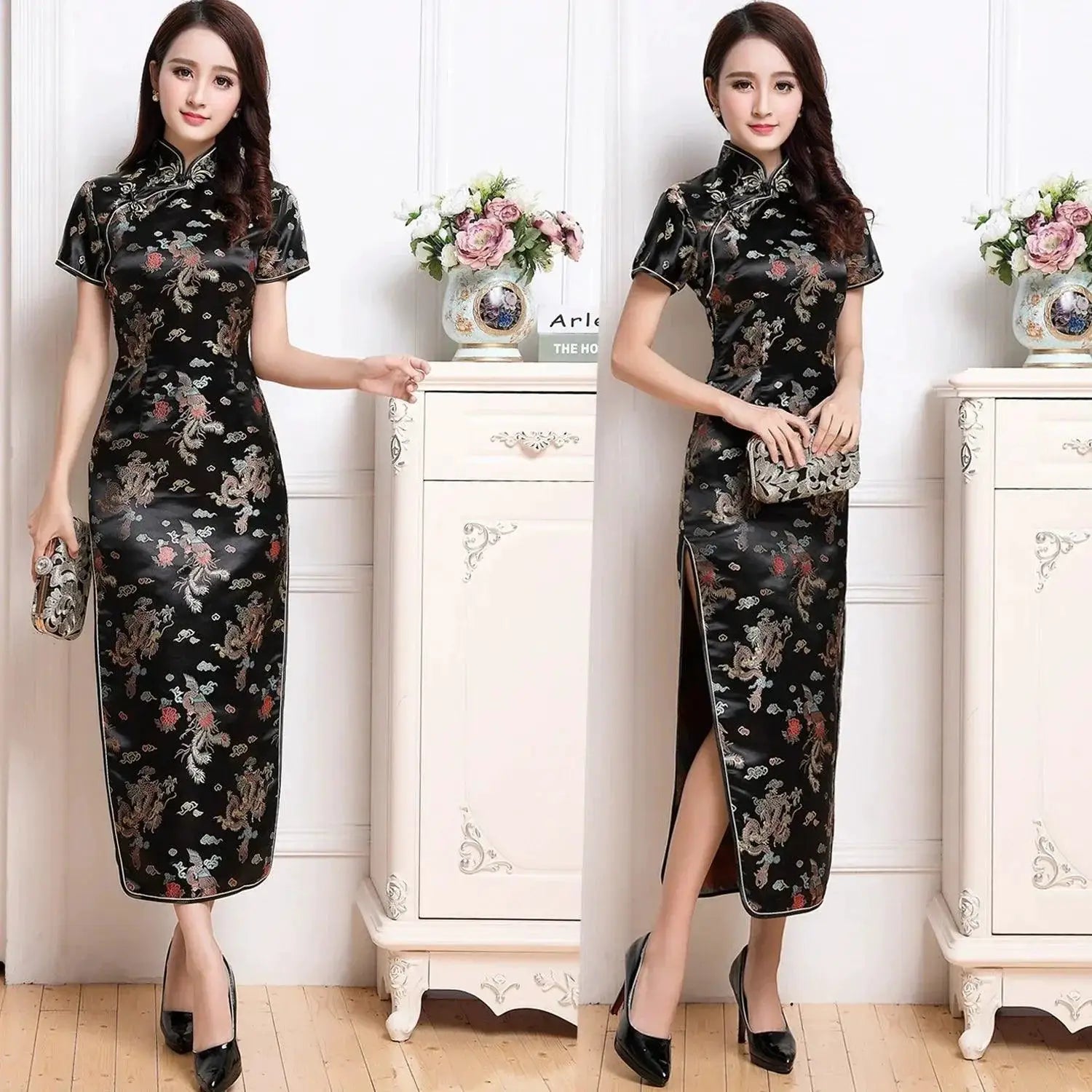 Cheongsam Dress Retro Brocade Elegance Women Outfit