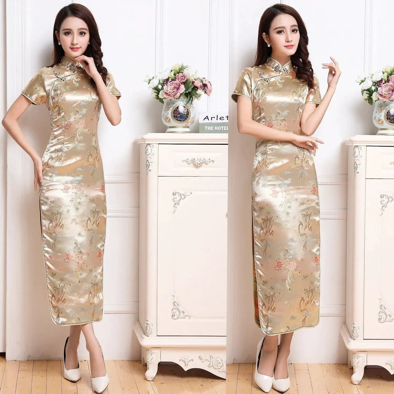 Cheongsam Dress Retro Brocade Elegance Women Outfit