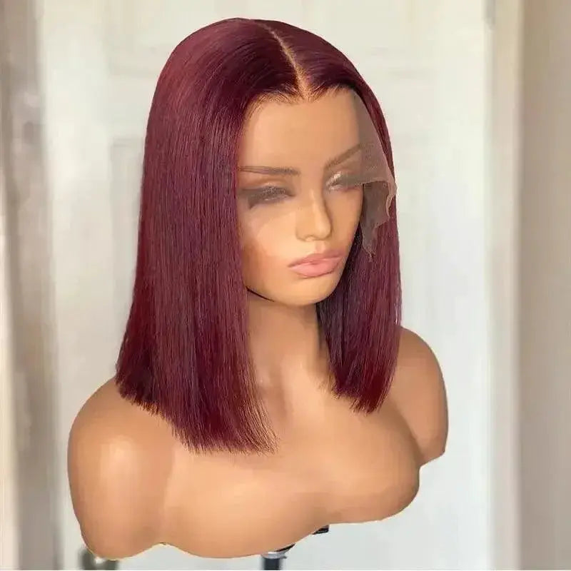 Chic Dark Red Burgundy Blunt Cut Bob Wig Remy Human Hair