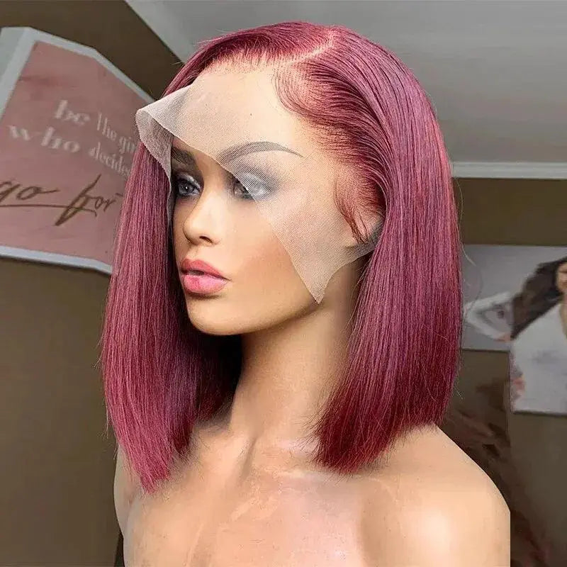 Chic Dark Red Burgundy Blunt Cut Bob Wig Remy Human Hair