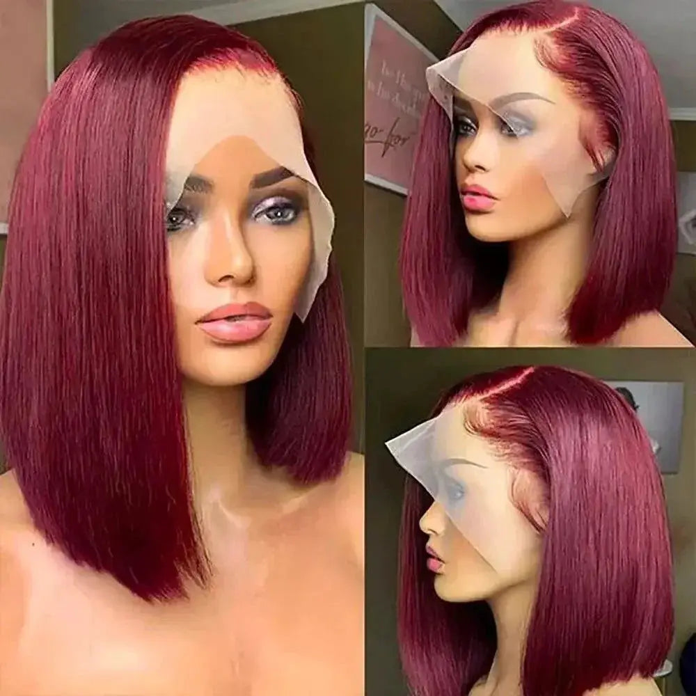 Chic Dark Red Burgundy Blunt Cut Bob Wig Remy Human Hair