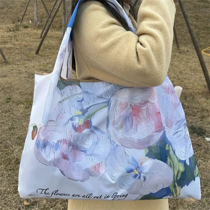 Chic Floral Oil Painting Foldable Tote Bag Reusable Travel Beach Bag