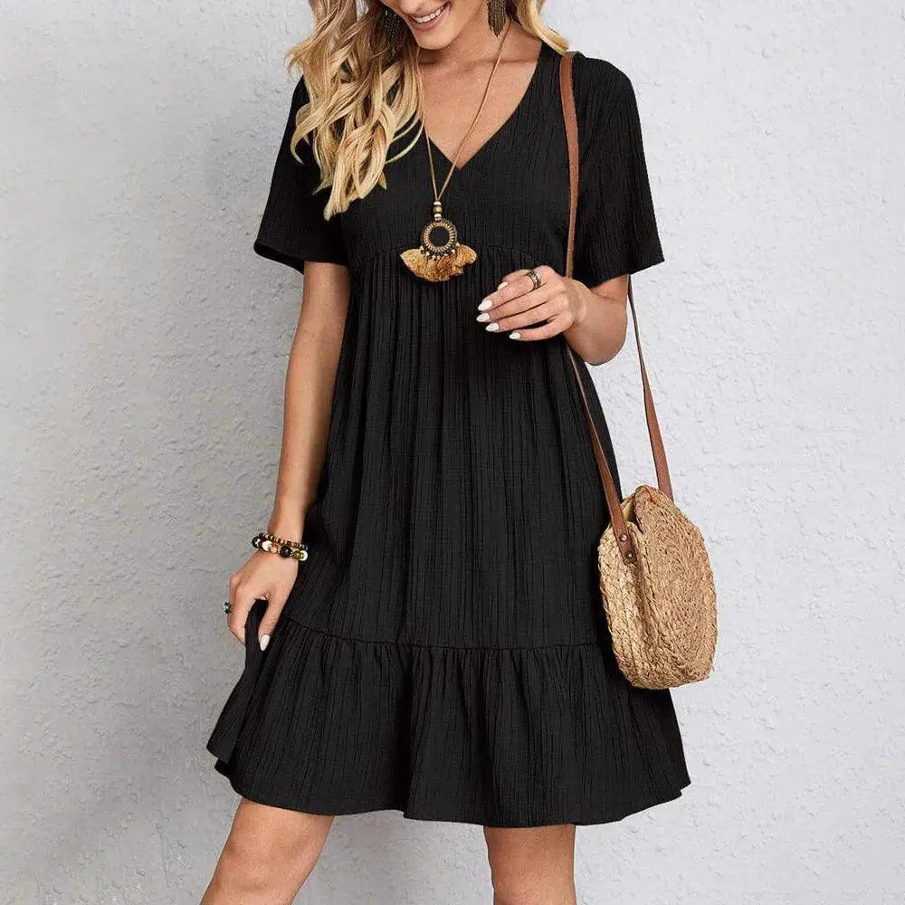 Chic Summer Mini Dress V Neck Pleated Ruffle Style