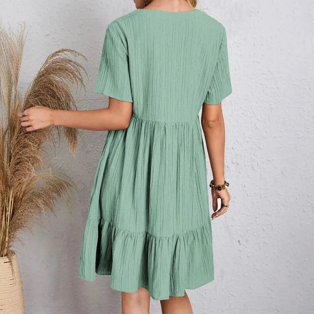 Chic Summer Mini Dress V Neck Pleated Ruffle Style
