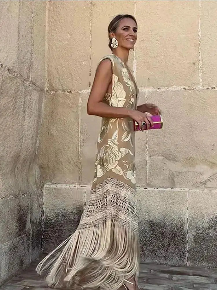 Chic Tassels Patchwork V Neck Dress For Women Statement