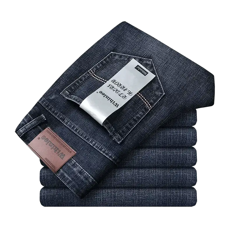 Classic Blue Stretch Denim Trousers for Men by WTHINLEE