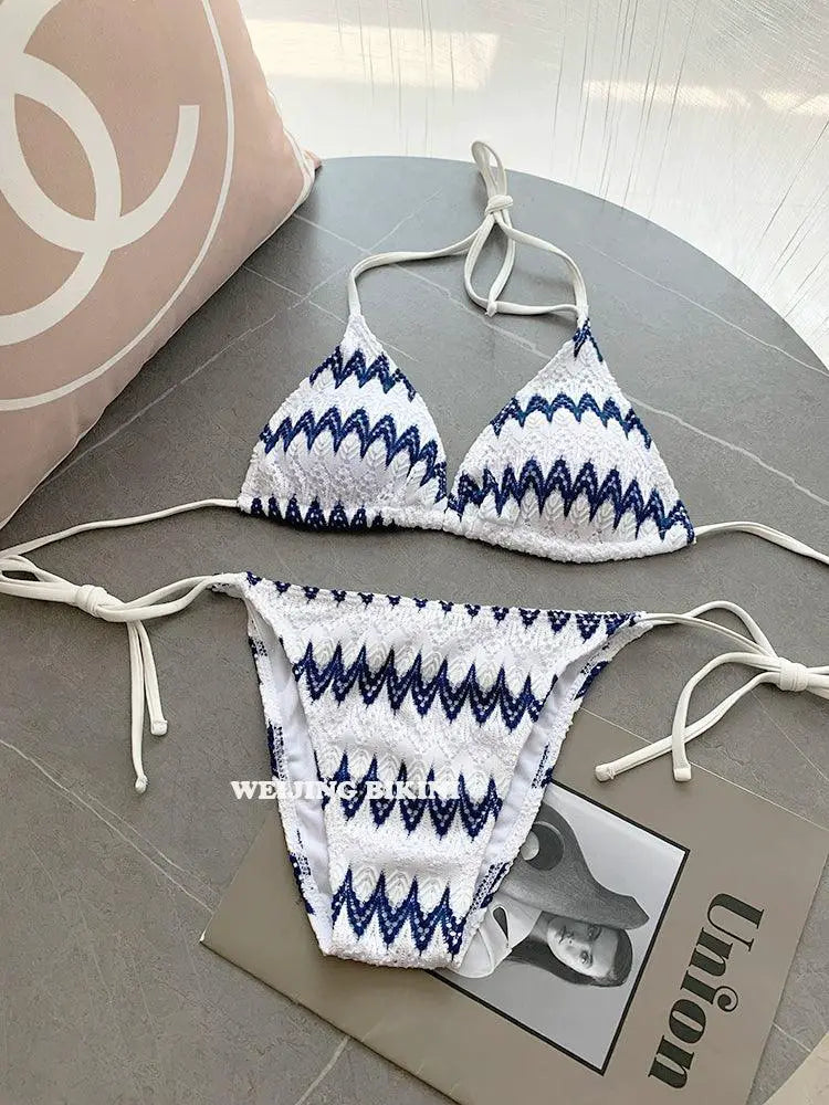 Classy Striped Lace Bikini Three Piece Swimsuit For Summer