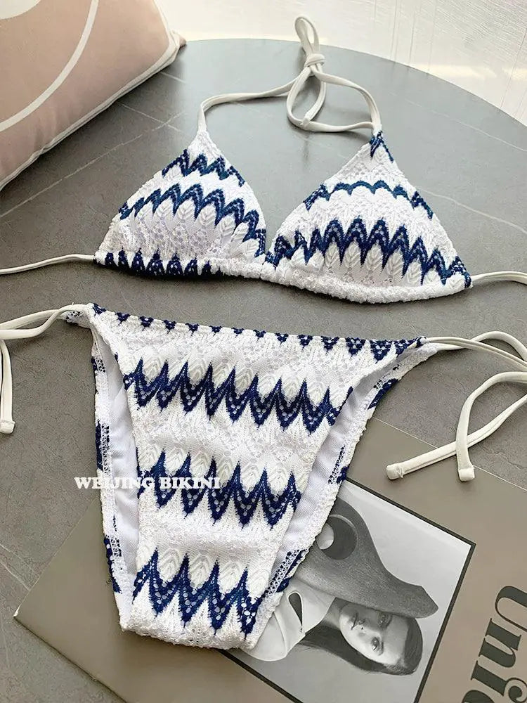 Classy Striped Lace Bikini Three Piece Swimsuit For Summer