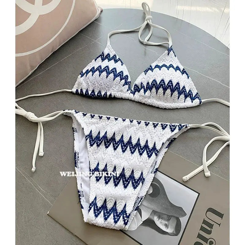 Classy Striped Lace Bikini Three Piece Swimsuit For Summer