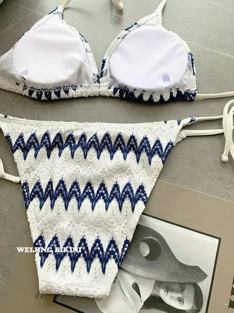 Classy Striped Lace Bikini Three Piece Swimsuit For Summer