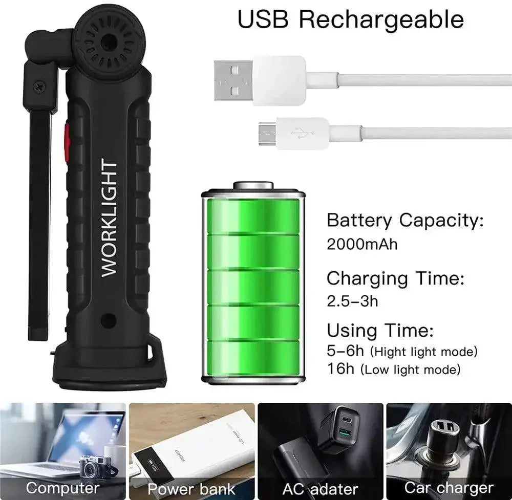 COB LED Work Light USB Rechargeable Camping Torch Portable