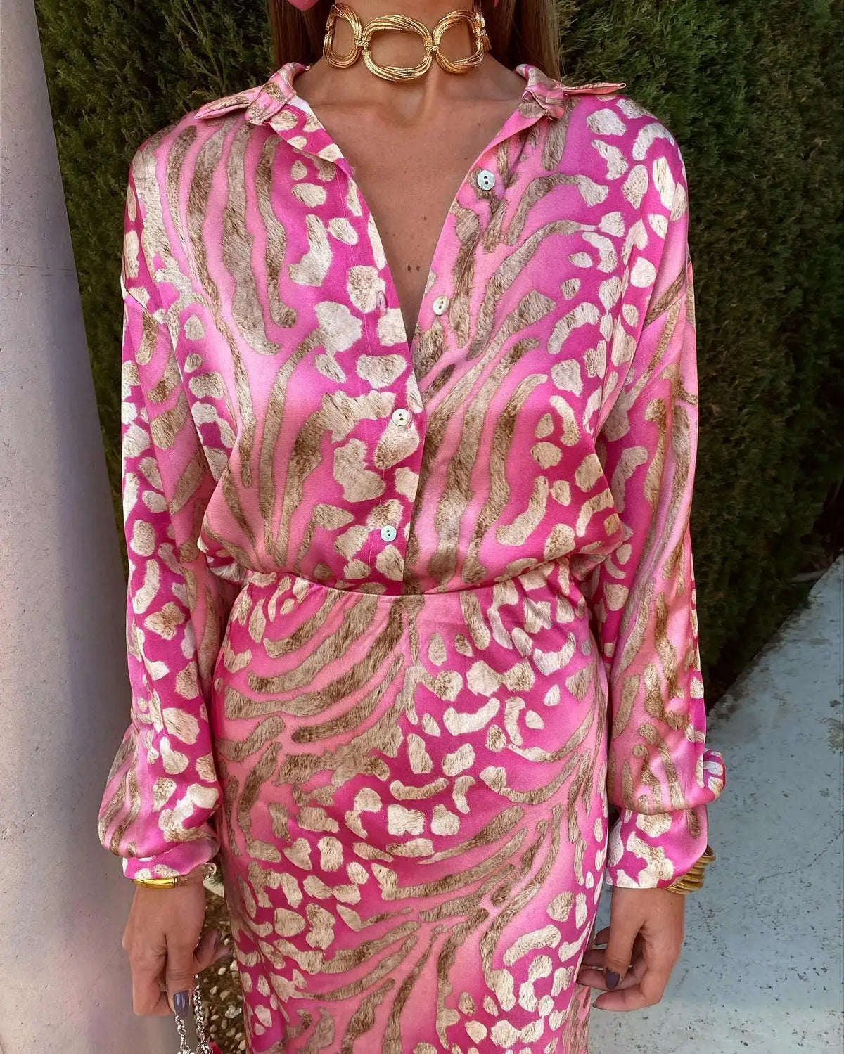 Elegant Patchwork Midi Dress for Women — pink shirt