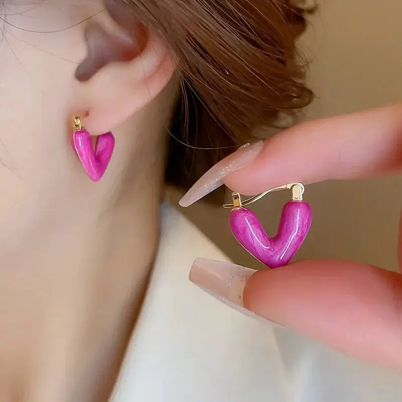 Colorful Pink Heart Hoop Earrings For Women Fashion Jewelry